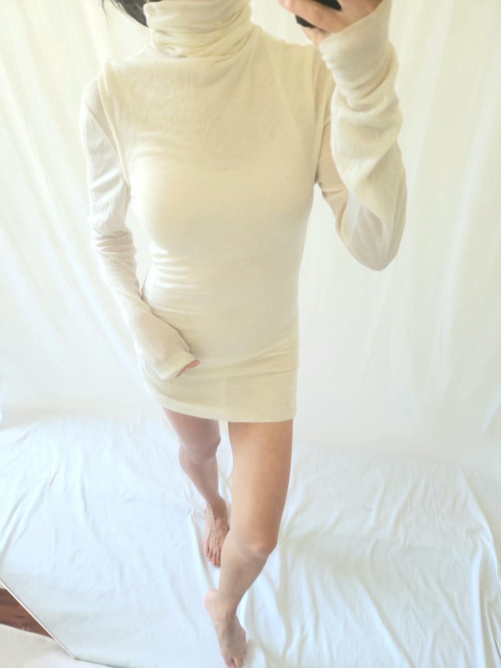 Ann Demeulemeester Cashmere Cream Long-Sleeve Turtleneck Mini Dress